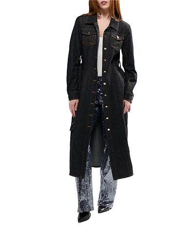 Azalea Wang Evessa Dark Denim Point Collar Belted Trench Coat