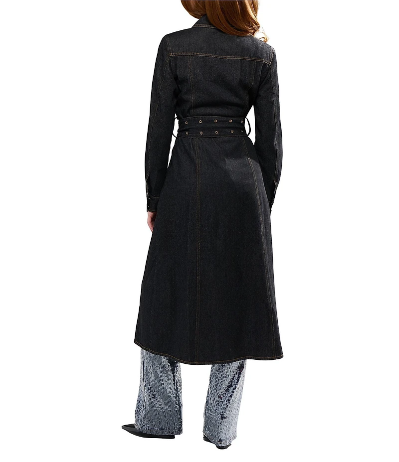 Azalea Wang Evessa Dark Denim Point Collar Belted Trench Coat