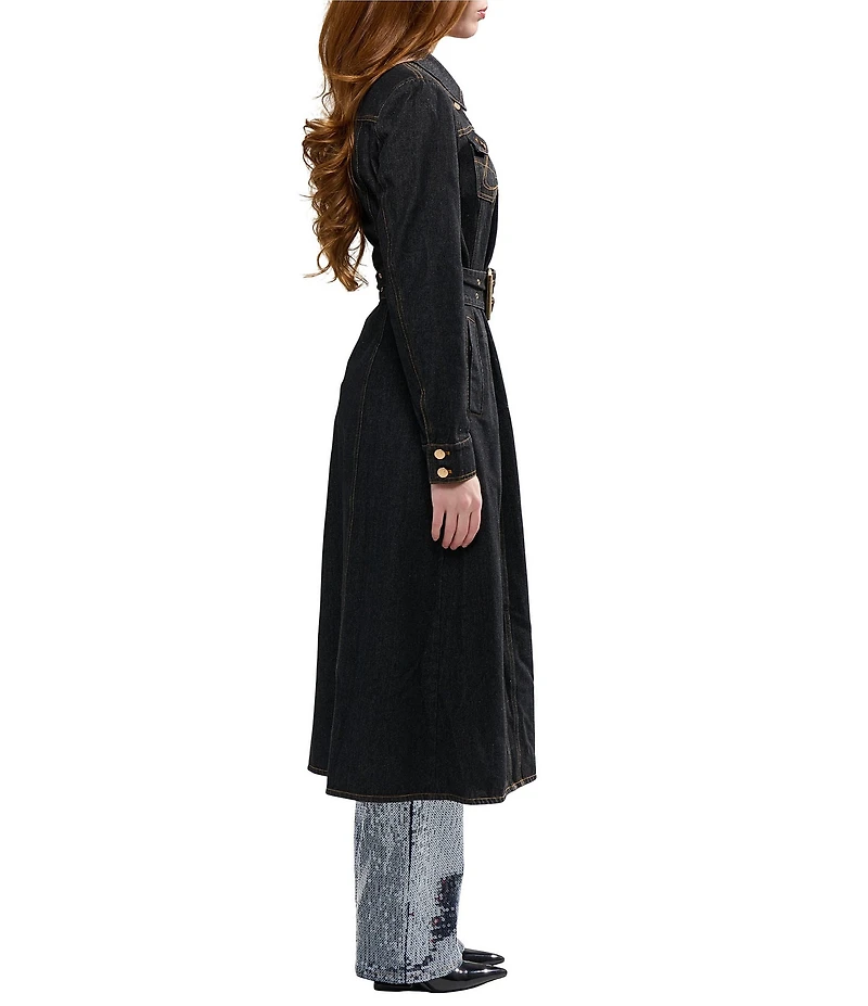Azalea Wang Evessa Dark Denim Point Collar Belted Trench Coat