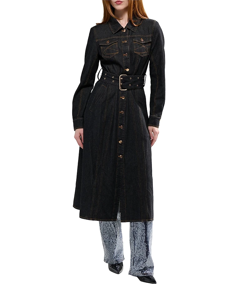 Azalea Wang Evessa Dark Denim Point Collar Belted Trench Coat
