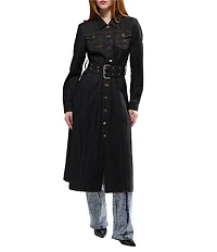 Azalea Wang Evessa Dark Denim Point Collar Belted Trench Coat