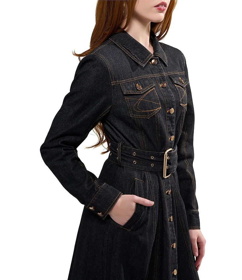 Azalea Wang Evessa Dark Denim Point Collar Belted Trench Coat