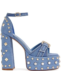 Azalea Wang Evgenia Studded Denim Platform Block Heel Sandals