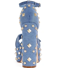 Azalea Wang Evgenia Studded Denim Platform Block Heel Sandals