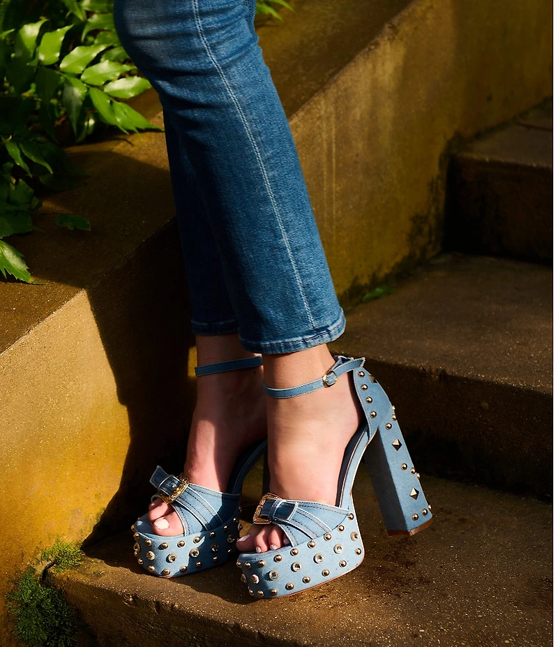Azalea Wang Evgenia Studded Denim Platform Block Heel Sandals