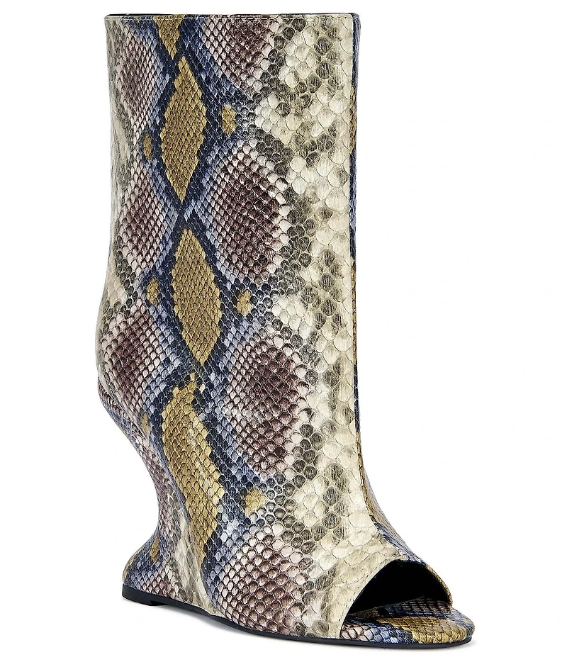 Azalea Wang Faoi Snake Print Peep Toe Sculpted Wedge Booties