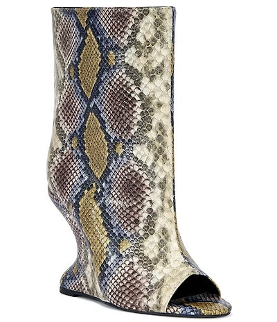 Azalea Wang Faoi Snake Print Peep Toe Sculpted Wedge Booties