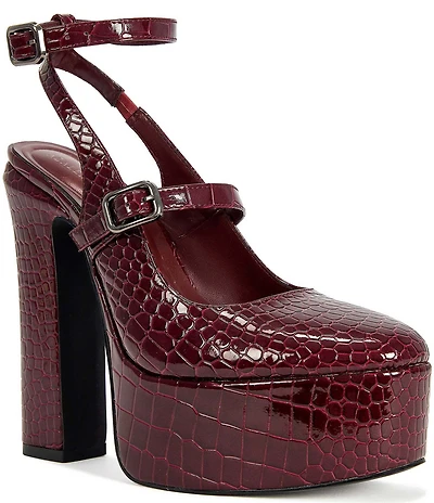 Azalea Wang Felicia Croco Embossed Patent Ankle Strap Mary Jane Block Heel Platform Pumps