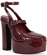 Azalea Wang Felicia Croco Embossed Patent Ankle Strap Mary Jane Block Heel Platform Pumps