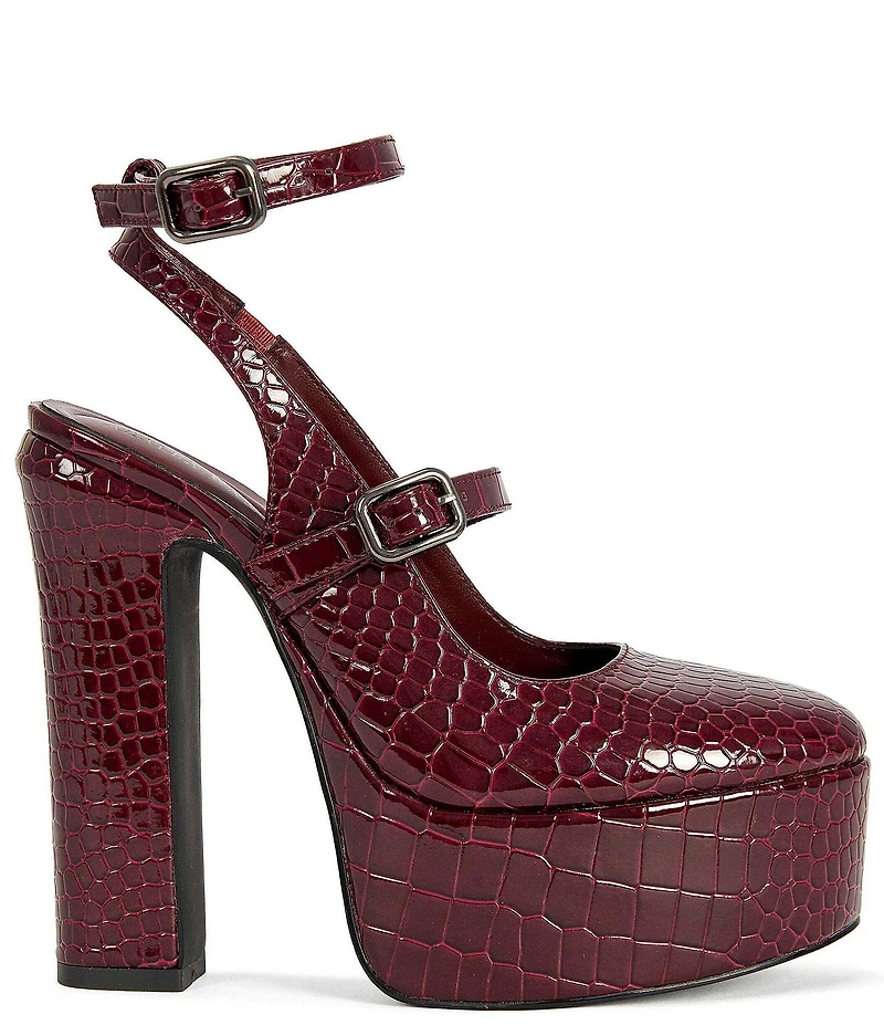 Azalea Wang Felicia Croco Embossed Patent Ankle Strap Mary Jane Block Heel Platform Pumps