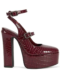 Azalea Wang Felicia Croco Embossed Patent Ankle Strap Mary Jane Block Heel Platform Pumps