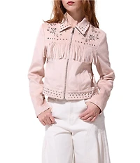 Azalea Wang Finlee Soft Blush Fringe Studded Trim Zip Front Jacket