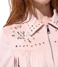 Azalea Wang Finlee Soft Blush Fringe Studded Trim Zip Front Jacket