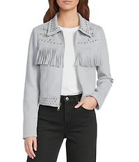 Azalea Wang Finlee Soft Brushed Denim Fringe Studded Trim Zip Front Jacket