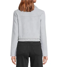 Azalea Wang Finlee Soft Brushed Denim Fringe Studded Trim Zip Front Jacket