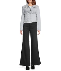 Azalea Wang Finlee Soft Brushed Denim Fringe Studded Trim Zip Front Jacket