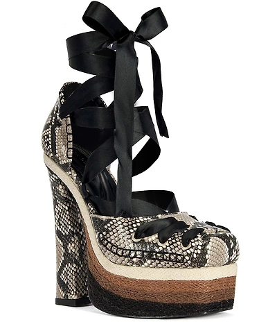 Azalea Wang Fonteyn Snake Print Ankle Tie Colorblock Platform Block Heel Pumps