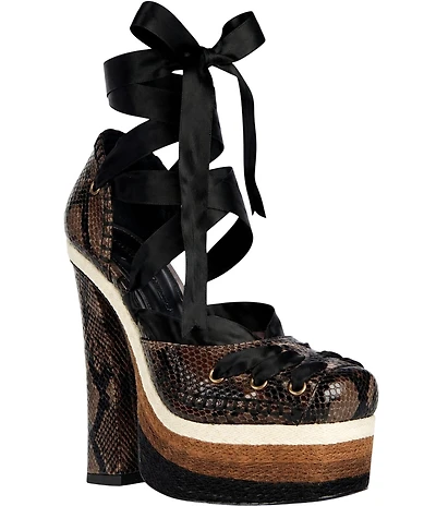 Azalea Wang Fonteyn Snake Print Ankle Tie Colorblock Platform Block Heel Pumps