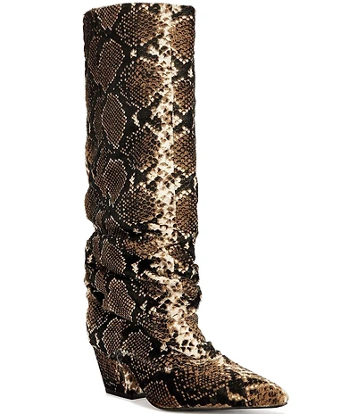 Azalea Wang Francoise Snake Print Suede Slouch Shaft Pointed Toe Tall Boots