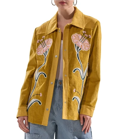 Azalea Wang Geraldine Corduroy Floral Embroidered Point Collar Snap Front Field Jacket