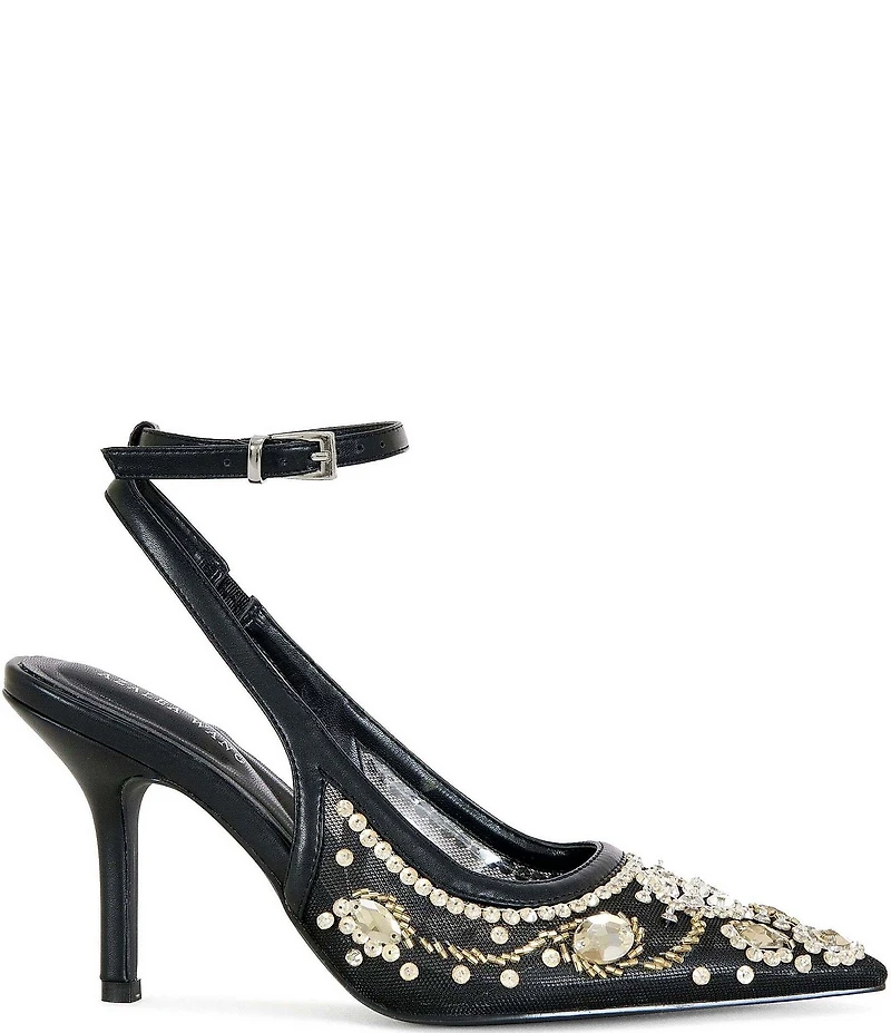 Azalea Wang Ghouldie Mesh Jewel Ornamented Ankle Strap Pumps