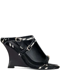 Azalea Wang Giannis Animal Print Calf Hair Buckled Straps Toe Loop Wedge Slide Sandals