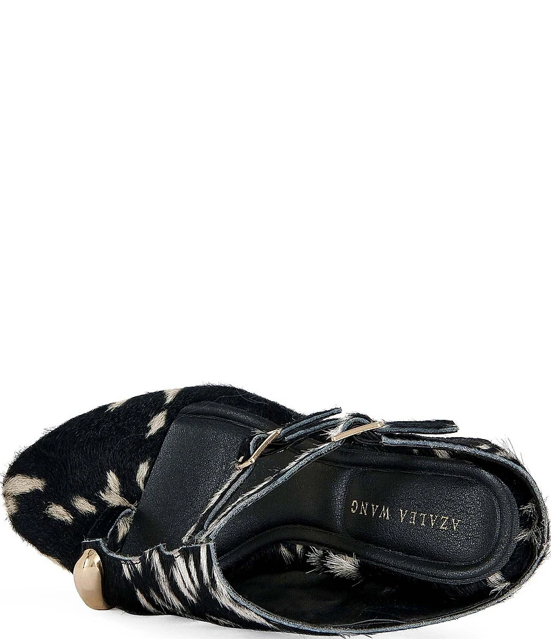 Azalea Wang Giannis Animal Print Calf Hair Buckled Straps Toe Loop Wedge Slide Sandals