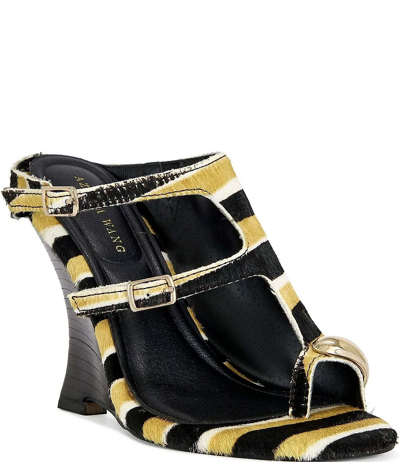 Azalea Wang Giannis Stripe Print Calf Hair Buckled Straps Toe Loop Wedge Sandals