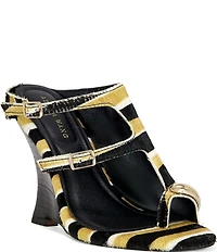 Azalea Wang Giannis Stripe Print Calf Hair Buckled Straps Toe Loop Wedge Sandals