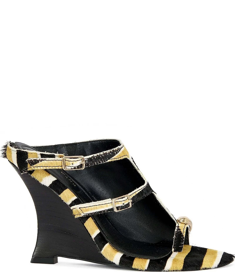Azalea Wang Giannis Stripe Print Calf Hair Buckled Straps Toe Loop Wedge Sandals