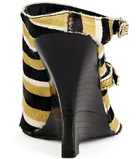 Azalea Wang Giannis Stripe Print Calf Hair Buckled Straps Toe Loop Wedge Sandals