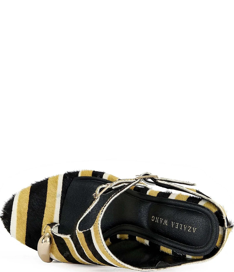 Azalea Wang Giannis Stripe Print Calf Hair Buckled Straps Toe Loop Wedge Sandals