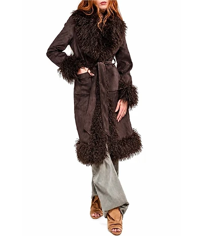 Azalea Wang Gilda-Chocolate Faux Sherpa Collared Belted Oversize Trench Coat