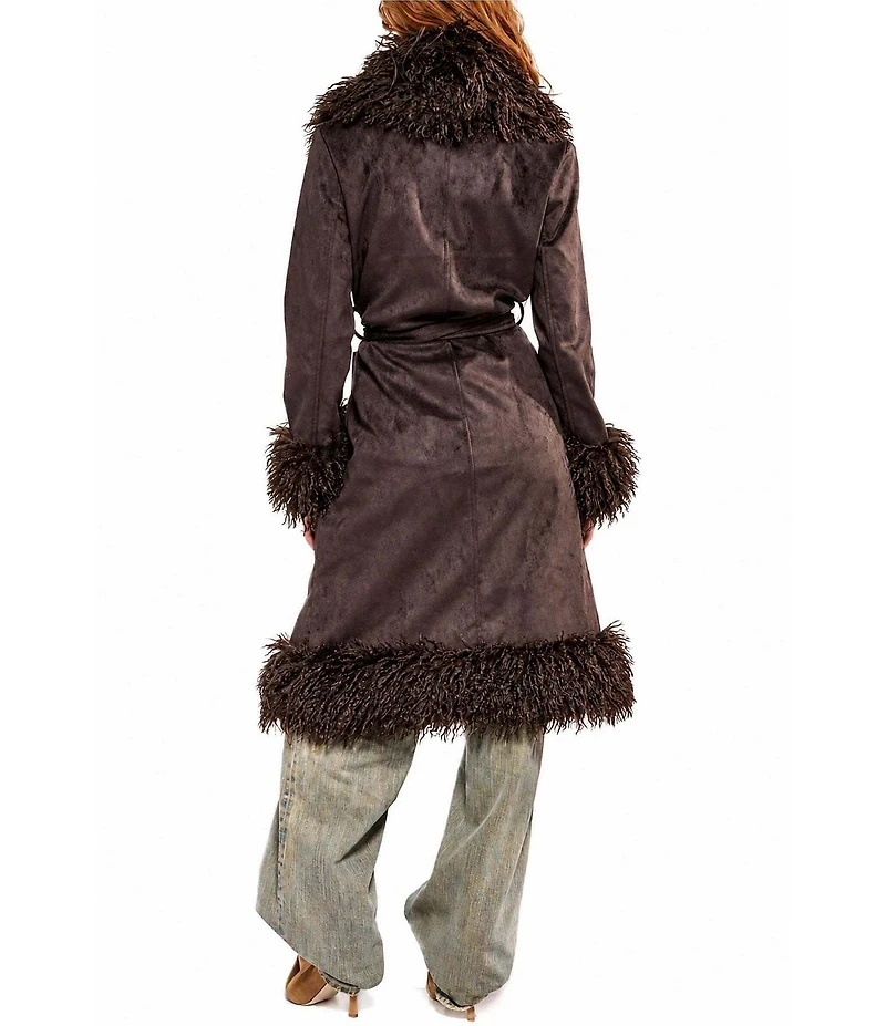 Azalea Wang Gilda-Chocolate Faux Sherpa Collared Belted Oversize Trench Coat