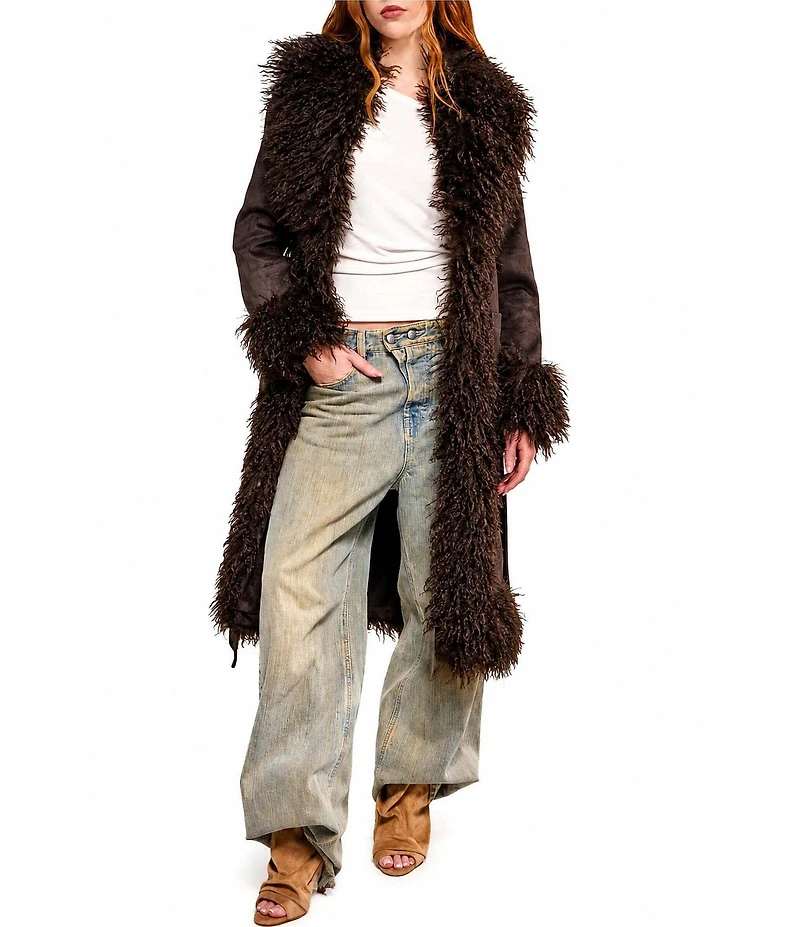 Azalea Wang Gilda-Chocolate Faux Sherpa Collared Belted Oversize Trench Coat