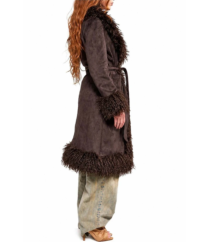 Azalea Wang Gilda-Chocolate Faux Sherpa Collared Belted Oversize Trench Coat