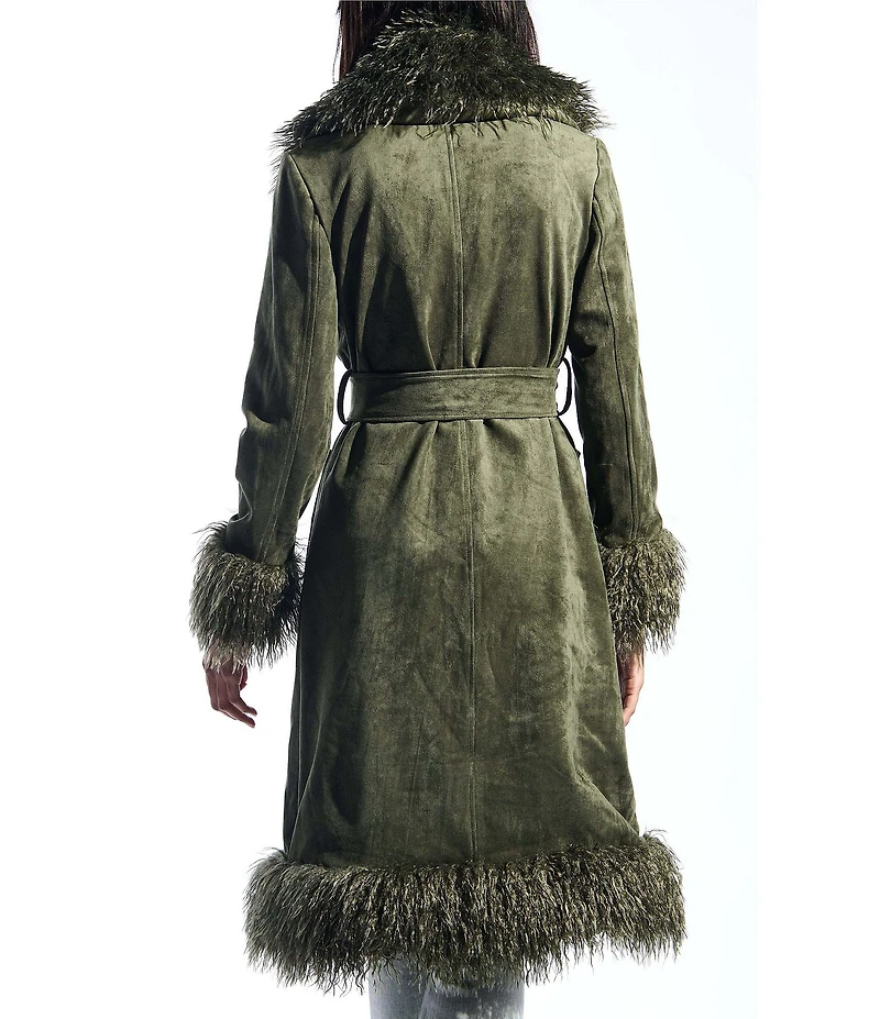Azalea Wang Gilda Olive Faux Sherpa Collared Belted Oversize Trench Coat