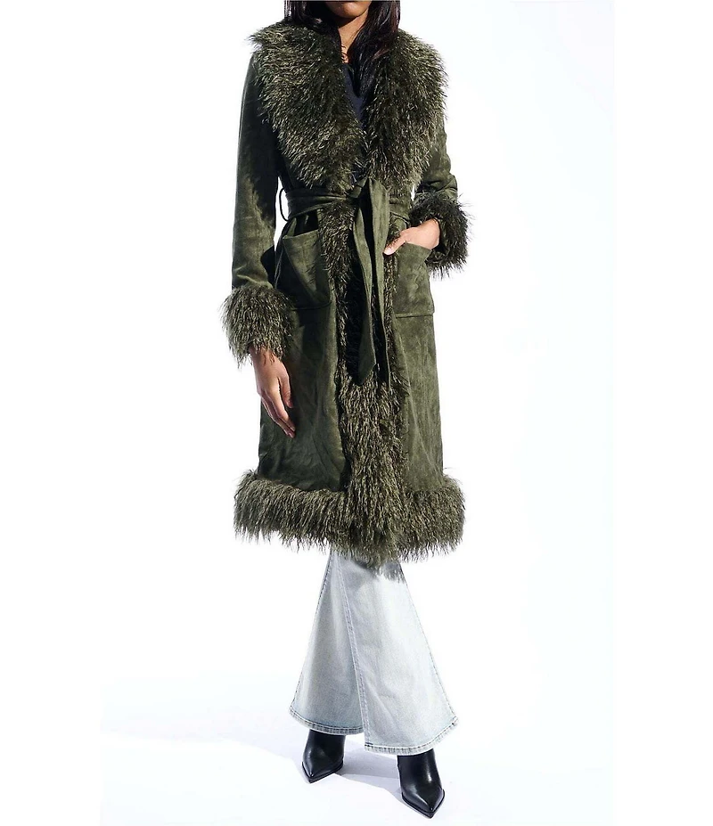 Azalea Wang Gilda Olive Faux Sherpa Collared Belted Oversize Trench Coat