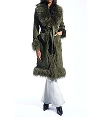 Azalea Wang Gilda Olive Faux Sherpa Collared Belted Oversize Trench Coat