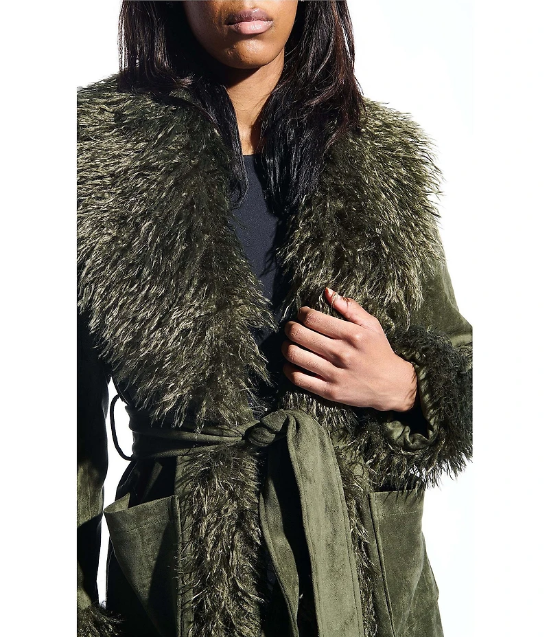 Azalea Wang Gilda Olive Faux Sherpa Collared Belted Oversize Trench Coat