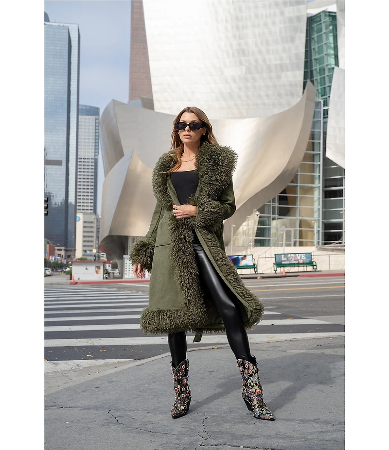 Azalea Wang Gilda Olive Faux Sherpa Collared Belted Oversize Trench Coat