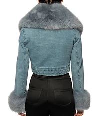 Azalea Wang Gisele-Denim Faux Fur Collared Statement Cropped Jacket