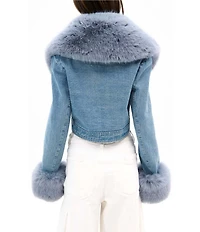 Azalea Wang Gisele-Denim Faux Fur Collared Statement Cropped Jacket