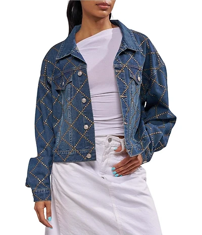 Azalea Wang Gramercy-Denim Antique Gold Flat Stud Embellished Point Collar Jean Jacket