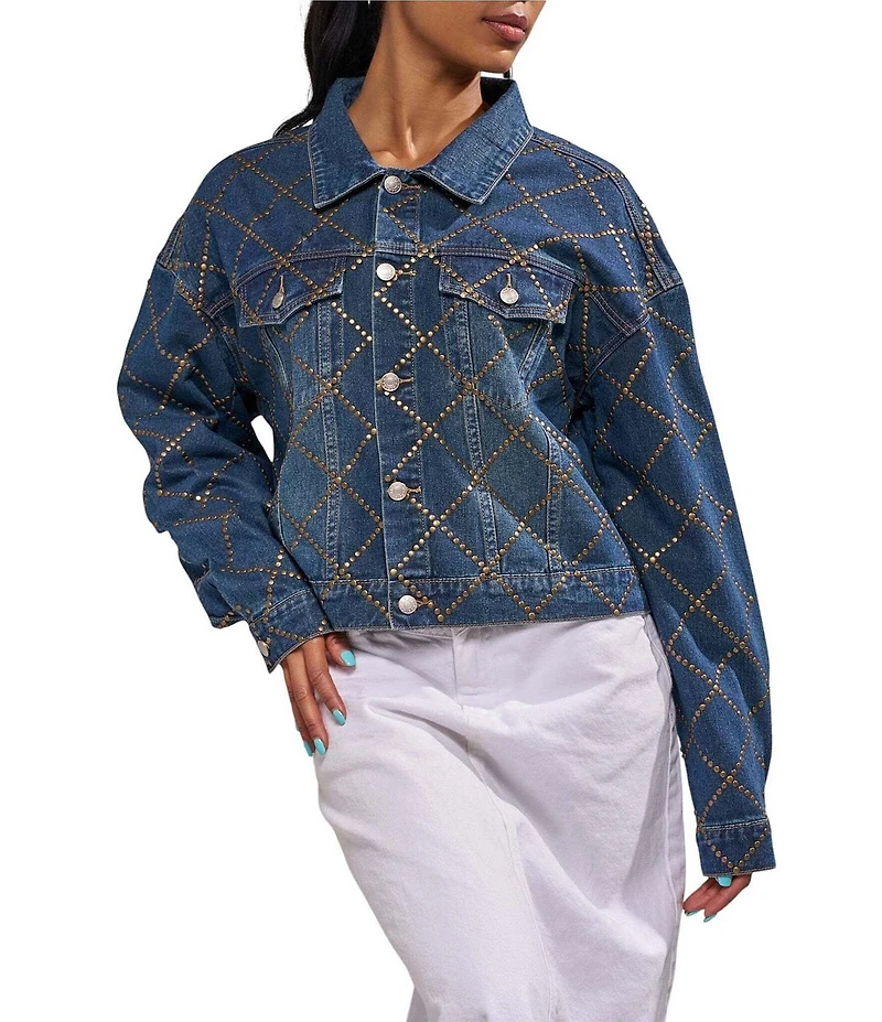 Azalea Wang Gramercy-Denim Antique Gold Flat Stud Embellished Point Collar Jean Jacket