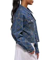 Azalea Wang Gramercy-Denim Antique Gold Flat Stud Embellished Point Collar Jean Jacket