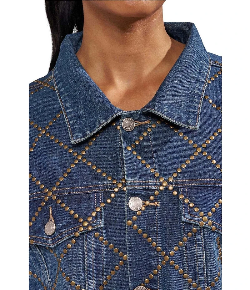 Azalea Wang Gramercy-Denim Antique Gold Flat Stud Embellished Point Collar Jean Jacket