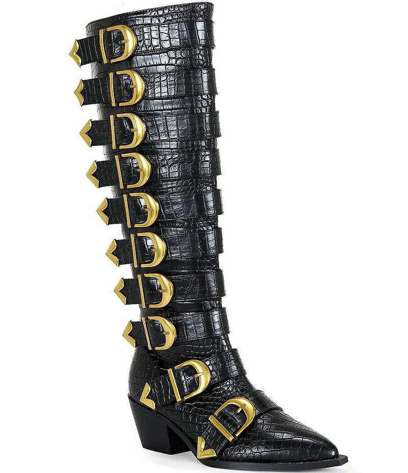Azalea Wang Graziana Croco Embossed Buckled Strap Hardware Tall Boots