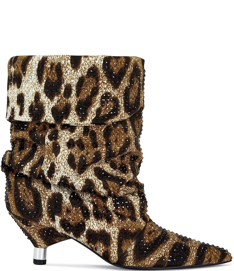 Azalea Wang Grimes Leopard Print Rhinestone Point Toe Slouch Kitten Heel Boots