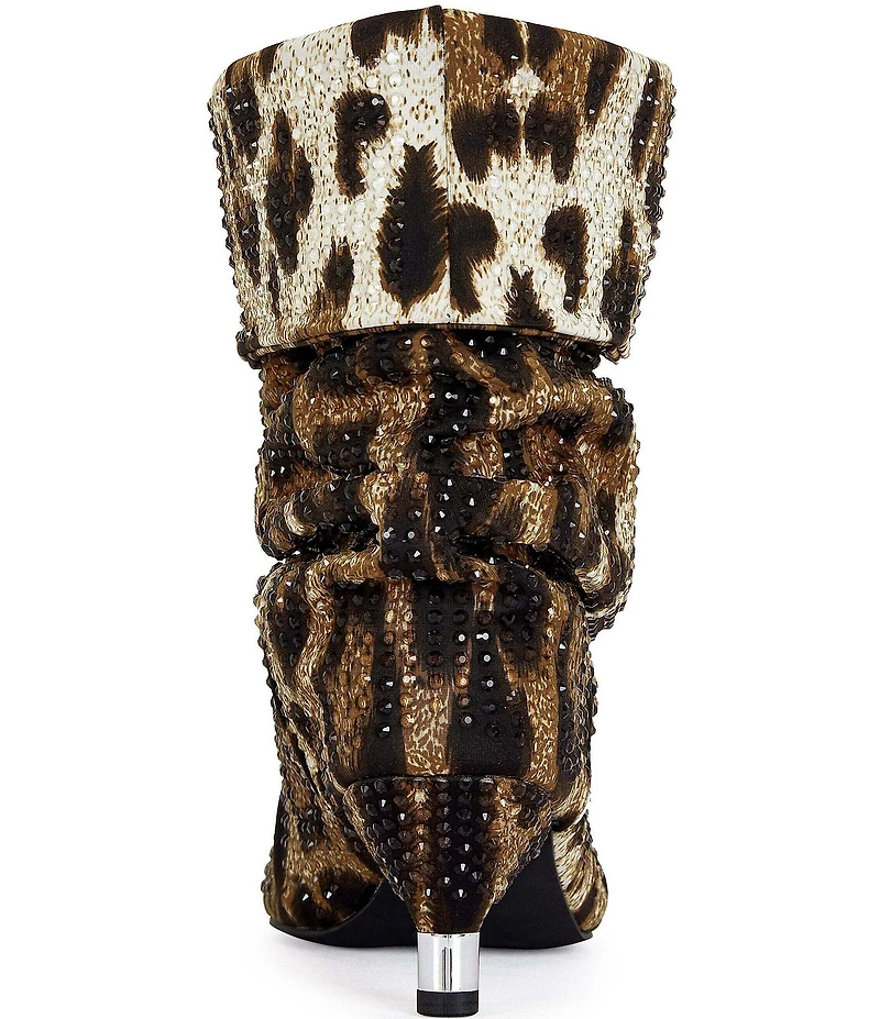 Azalea Wang Grimes Leopard Print Rhinestone Point Toe Slouch Kitten Heel Boots